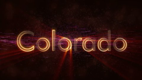 Colorado - United States state name text animation - Shiny rays looping on edge of text over a background with swirling and flowing stars