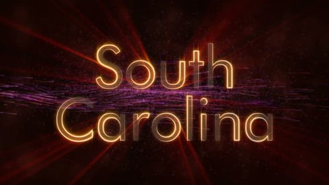 South Carolina - United States state name text animation - Shiny rays looping on edge of text over a background with swirling and flowing stars