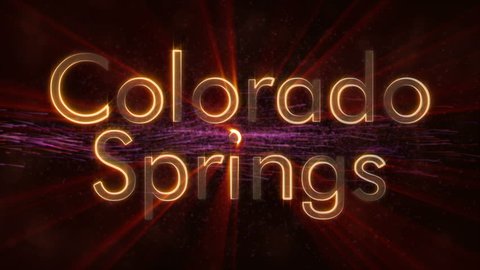 Colorado Springs - United States city name text animation - Shiny rays looping on edge of text over a background with swirling and flowing stars