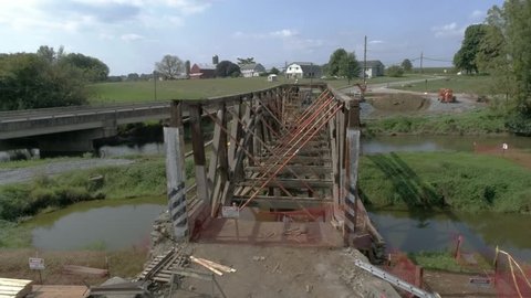 Ronks, Pennsylvania / United States - 09 19 2018: Ronks, Pennsylvania, September 2018 - Dismantling of a 174 Year Old Burr Arch Truss Design Covered Bridge, Dual Span in the Pennsylvania Dutch Country