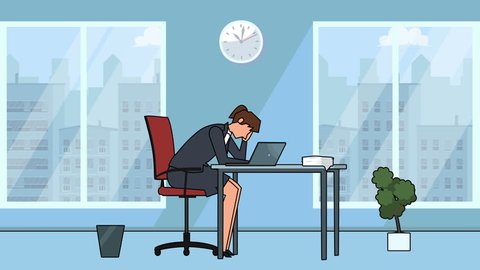 Flat cartoon businesswoman character sleeping in the workplace near laptop office animation