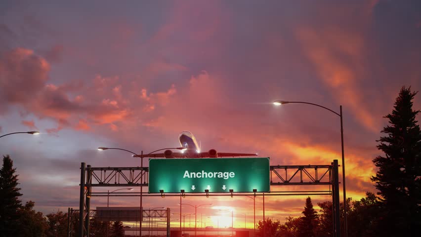 Airplane Take off Anchorage during a wonderful sunrise