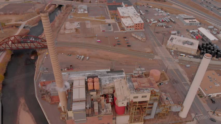 Aerial views of a very old looking power plant factory in Denver Colorado