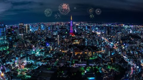 Fireworks with a panoramic night view at Tokyo, Japan | 4K | Cinemagraph | Loop