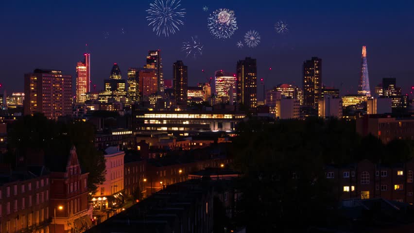 Time lapse: Fireworks with a panoramic night view at London, UK.