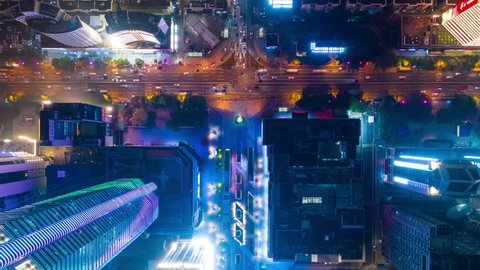 night illuminated shenzhen city famous commercial traffic street aerial topdown timelapse 4k china