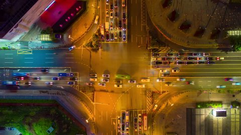 night illuminated shenzhen city traffic street crossroad aerial panorama timelapse 4k china