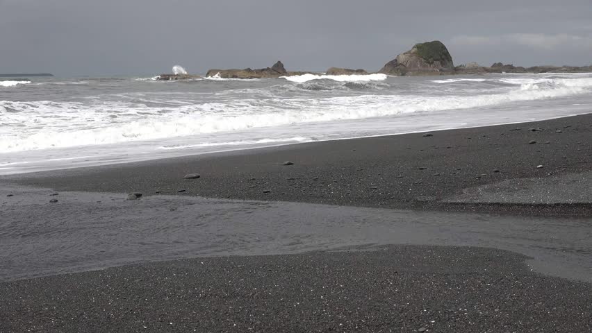 Coast of the Pacific Ocean, ocean waves on a wide beach. Olympic National Park, United States, Washington