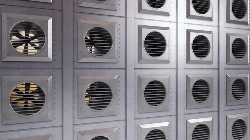 Wall with  industrial ventilation units, fans during rotation. Indoor or outdoor cooling or heating process. 60 fps animation. Royalty-Free Stock Footage #1020705088