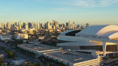 MIAMI, FL, USA - DECEMBER 2, 2018: 4k aerials Miami Marlins Park sports stadium LoanDepot Park