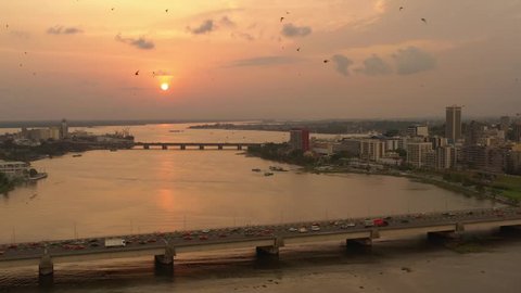Abidjan Sunset, Ivory Coast, Africa, drone aerial view