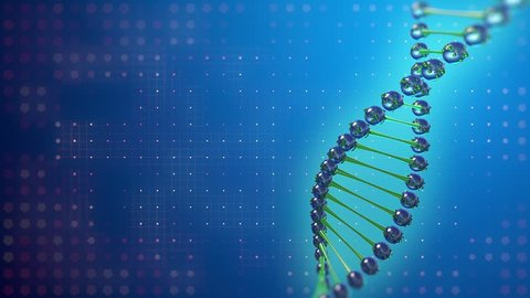 DNA double helix spiral, rotating over blue digital background. Cycle loop 3d animation with place for text. Science and Health theme