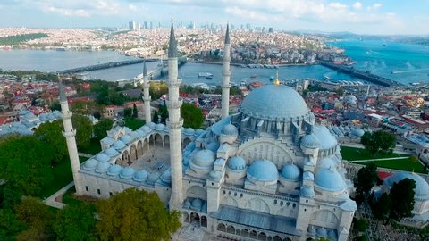 Mystique Suleymaniye Mosque from the sky, aerial view of Istanbul city, Golden Horn, Turkey.