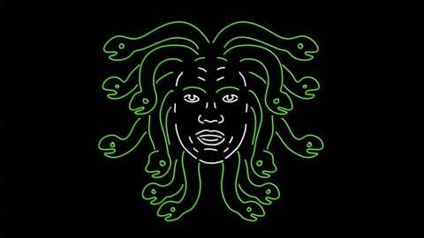 2d Animation motion graphics showing neon sign light signage lighting of head of Medusa in Greek mythology, Gorgon monster, living venomous snakes in place of hair black screen in HD high definition.