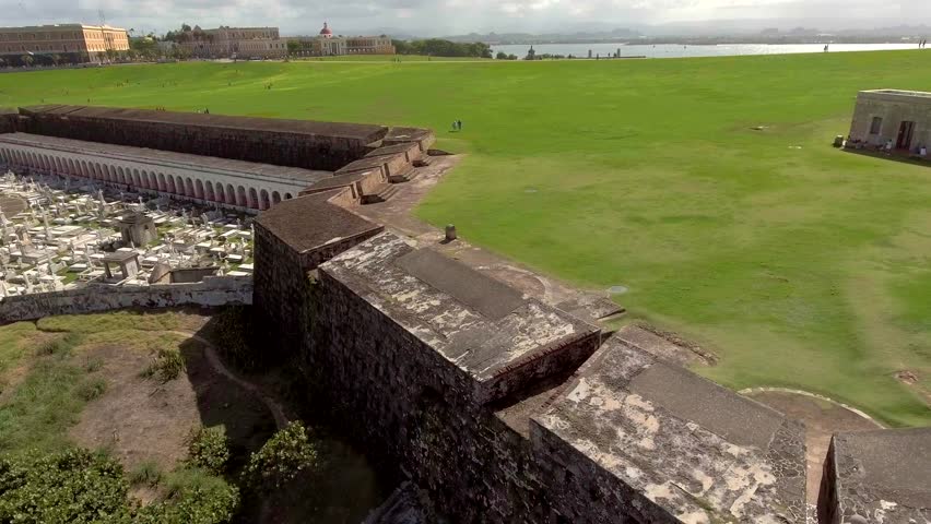 Aerial shot from ocean of El Morro, Cemetery and La Perla in Old San Juan, PR