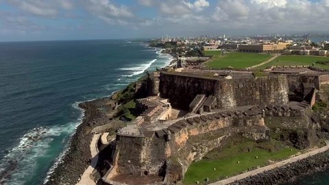 Aerial close-up shot right over El Morro fortress in Old San Juan, Puerto Rico