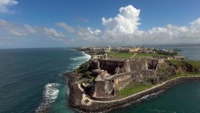 Aerial low altitude shot from the ocean of El Morro in Old San Juan, Puerto Rico