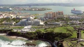 Aerial shot of Old San Juan, Puerto Rico passing through the Capitol Building
