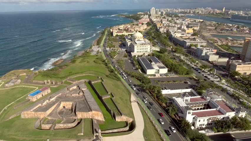 Aerial view of the ocean and the Capitol Building in San Juan, Puerto Rico