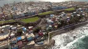 Beautiful aerial of La Perla, the ocean and town in Old San Juan, PR
