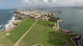 Aerial shot over grounds around El Morro in Old San Juan, Puerto Rico