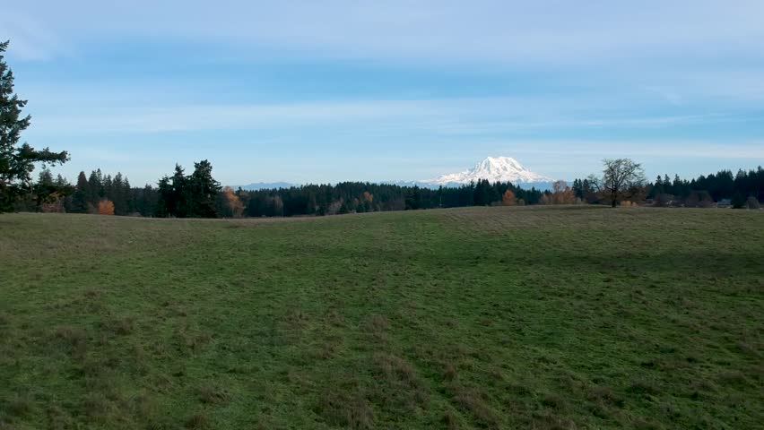 A beautiful crisp fall day in Washington State. Ariel footage of green pasture with the snow-capped peaks of Mount Rainier in the distance