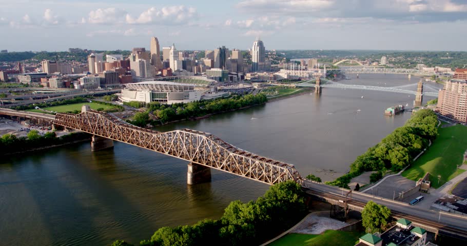 Drone Shot of Cincinatti Skyline, Ohio River