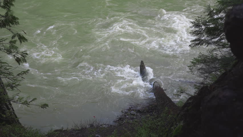 Fast rapids close up. Wild river in Canadian mountains. Whitewater madness.