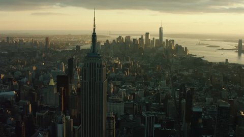 New York, United States of America CIRCA 2018: Aerial view of the New York skyline and the Empire State buildings. Shot on 4k RED camera on a helicopter.