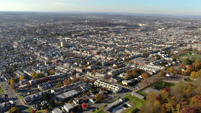 Aerial view of the city of Reading in Pennsylvania with slow panning.