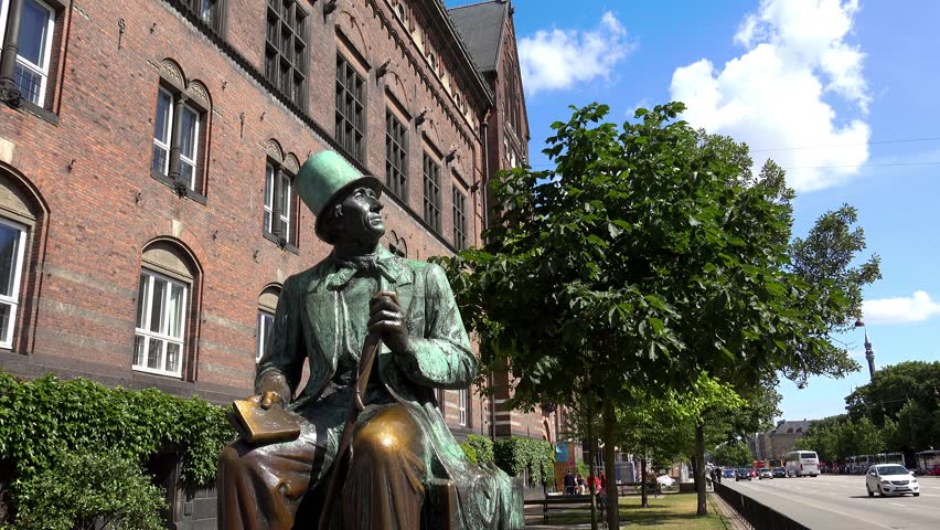 Monument to Hans Christian Andersen. Copenhagen. Denmark. Shot in 4K (ultra-high definition (UHD)).