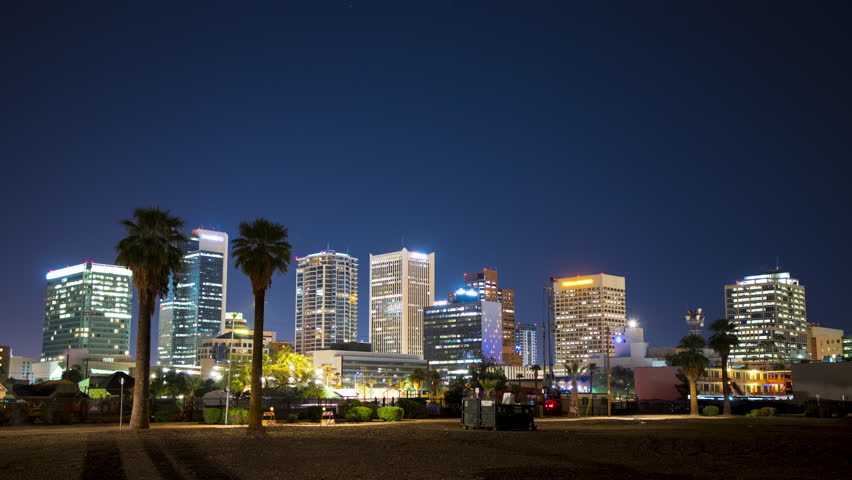 Phoenix AZ Night to Day Generic Cityscape Wide Shot Timelapse with Sun Rising Behind Building Exterior Architectures of the Arizona Downtown Area