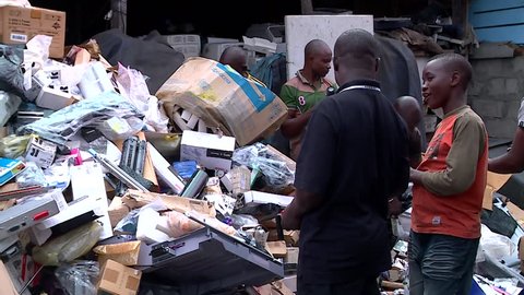 Abidjan, Cote d'Ivoire - 09 15 2016: ABIDJAN, IVORY COAST, September 2016. Electronic waste dangerously recycled in Abidjan, Africa.