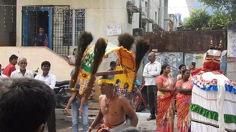 Tiruchanur, Tirupathi, AndhraPradesh India - December 08 2018: People perform Arts at Hindu Religion Annual Goddess celebration Event, local language called "Sri Padmavathi Ammavari Brahmotsavam 2018"