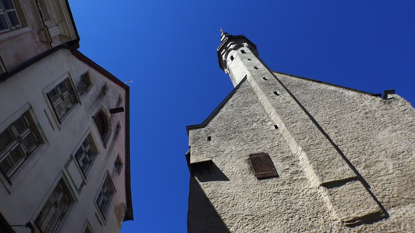 Town Hall Square in the old Tallinn. Estonia. Shot in 4K (ultra-high definition (UHD)), so you can easily crop, rotate and zoom, without losing quality! Real time.
