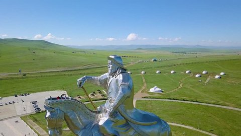 Mongolia, Ulaanbaatar - August 08, 2018: Equestrian statue of Genghis Khan in sunny weather. Mongolia, Ulaanbaatar, From Drone, Point of interest