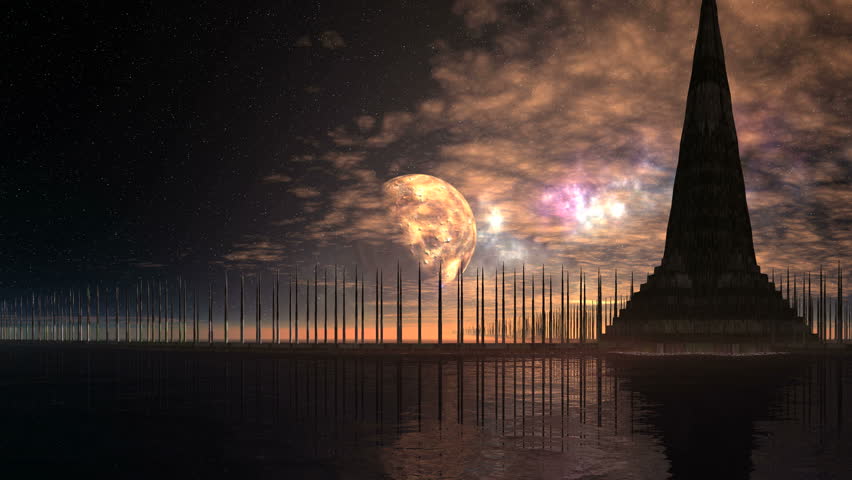 Alien Pyramid Among the Boundless Water. The big pyramid stands among the boundless water. In a dark starry sky a large planet (moon) and the bright nebula. Clouds are floating slowly. 