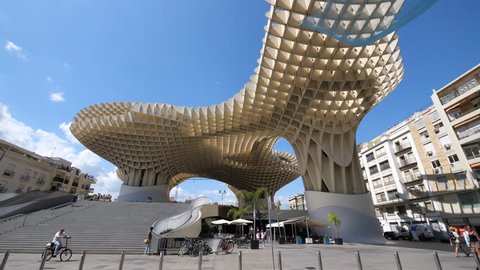 SEVILLE, SPAIN - JUNE, 2018: The Metropol Parasol square, designed by German architect Jurgen Mayer and completed in April 2011.