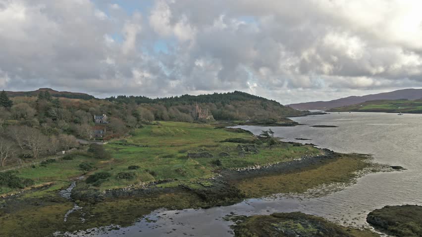 Sunset in autumn at Dunvegan Castle, Isle of Skye - Aerial