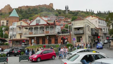 TBILISI, GEORGIA - October 2018: Vakhtang Gorgasali Square and Narikala fortress, Tbilisi, Georgia