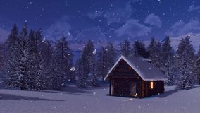 Cozy snowbound log cabin with smoking chimney among snow covered fir tree forest high in alpine mountains at magical winter night during snowfall. With no people 3D animation rendered in 4K - Powered by Shutterstock - Get 15% off with code: PIKWIZARD15