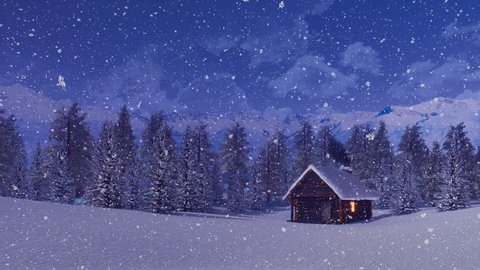 Peaceful winter landscape with cozy solitary wooden house among snow covered fir forest high in snowy alpine mountains at night during heavy snowfall. With no people 3D animation rendered in 4K