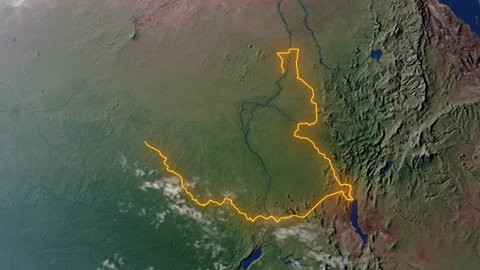 Realistic 3d animated earth showing the borders of the country South Sudan and the capital Juba in 4K resolution