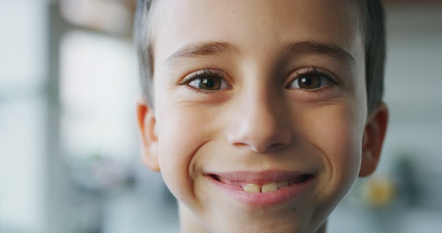 Close up portrait of a little boy with brown eyes looking in the camera on kitchen background. Shot with RED camera in 8K. Concept of childhood, kids protection, son, youth, happy family | Shutterstock HD Video #1020812485