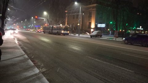 KISHINEV, MOLDOVA REPUBLIC OF, NOVEMBER 29, 2018. Snow in the night city.