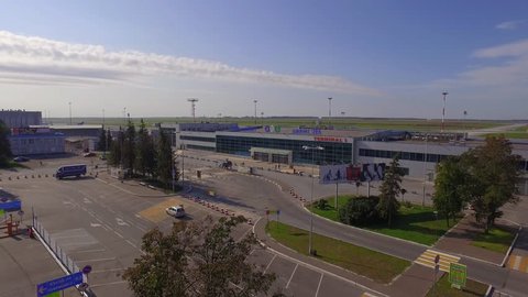 Ufa, Republic of Bashkortostan / Russia - August 11 2018  Ufa International Airport Mustai Karim, Main View Old Terminals at summer sunny day - Aerial View