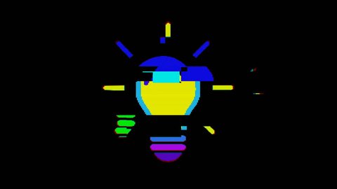 Bright pixel light bulb, idea. Old vintage retro video