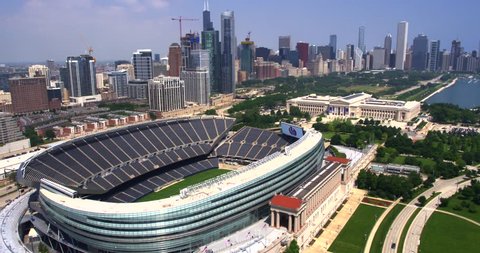 Chicago, Illinois / United States - September 5 2018: Drone Shot of Soldier Field and Chicago Skyline