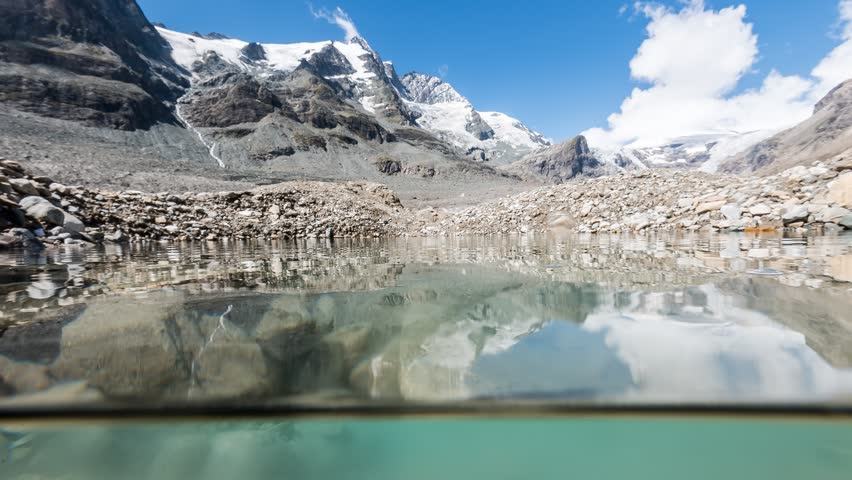 Time Lapse - Under water of a small glacial lake near a glacier with a view to the mountain and moving clouds