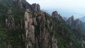 Drone shot of rugged mountain landscape of famous Huangshan national park in China